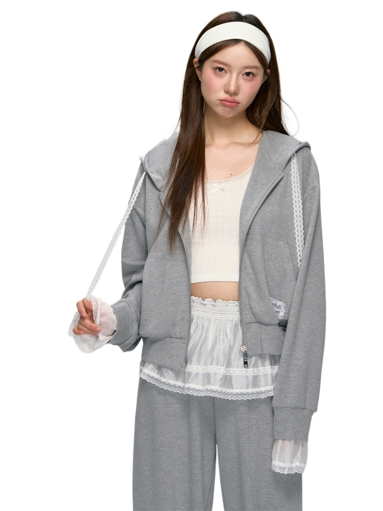 Gray Lace-Trimmed Casual Hoodie &amp; Pant Set