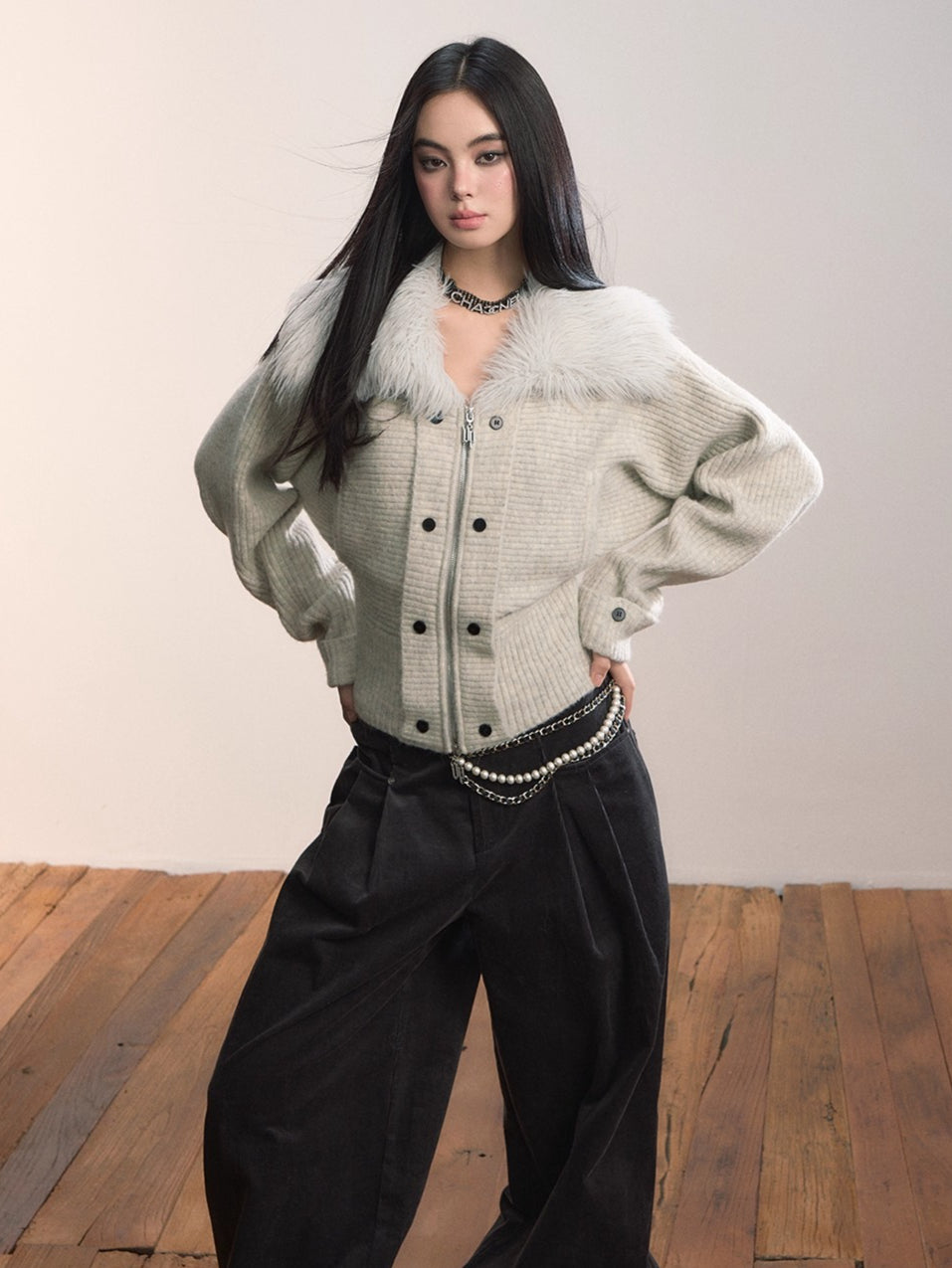 Faux Fur Collar Knit Jacket