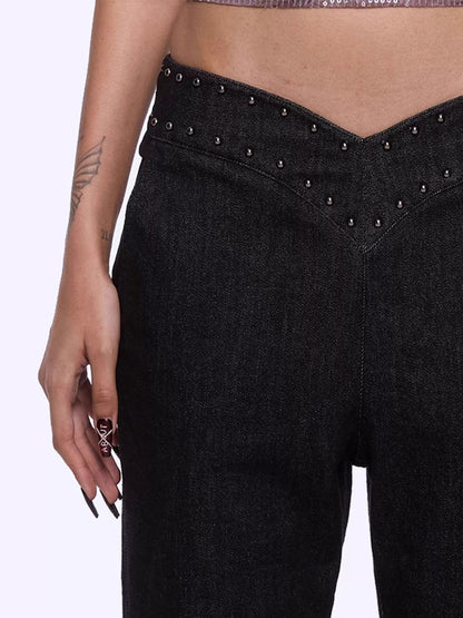 Studded Leopard-Print Micro-Flared Denim Pants