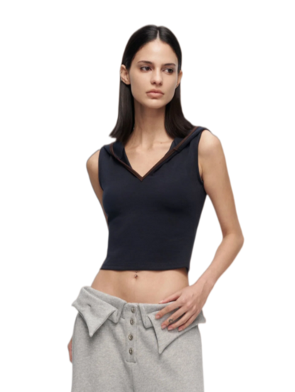 V-Cutout Hooded Sleeveless Trim Top In Dark Blue
