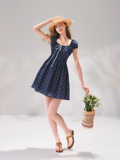 French Floral Tie-Waist Square Neck Puff Sleeve Dress