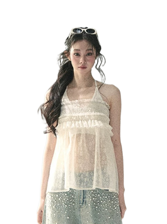 “Shattered Glass Veil” French Sheer Halter Lace Top