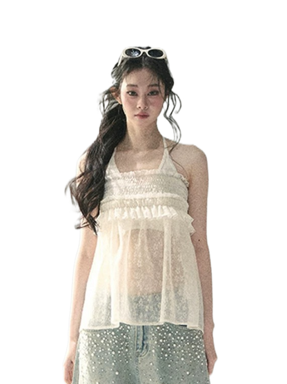 “Shattered Glass Veil” French Sheer Halter Lace Top