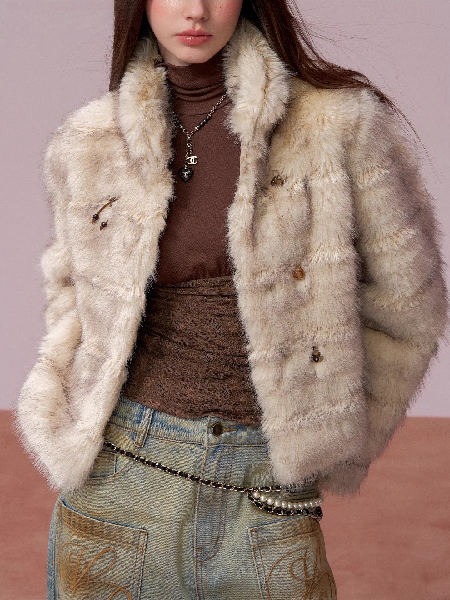 Double-Breasted Faux-Fur Short Jacket