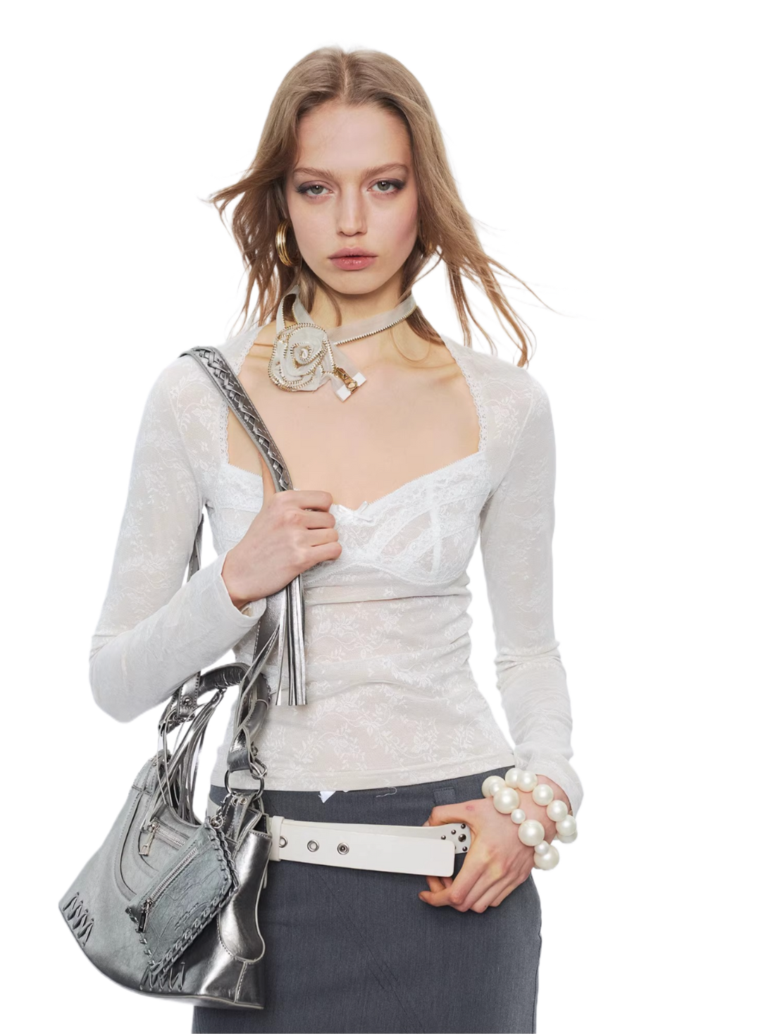 Lace Sweetheart Neck Bow Detail Base Layer Top