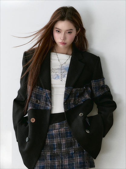 Wool Plaid Patchwork Mid-Length Coat