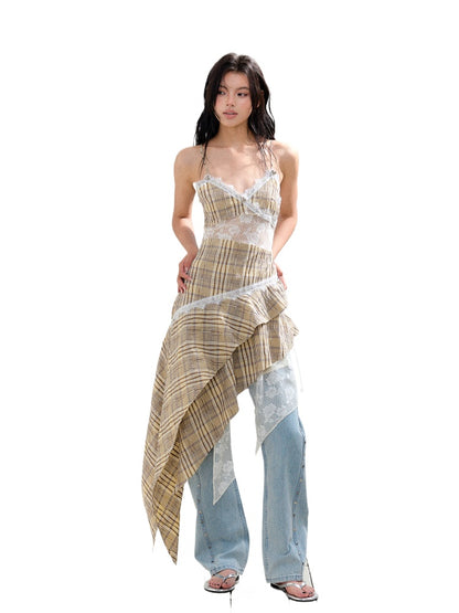 Yellow Checkered Color-blocking Lace Trimmed Sling Dress