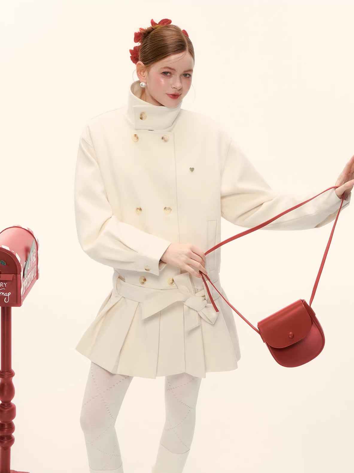 Pleated-Edge Down Wool-Blend Coat