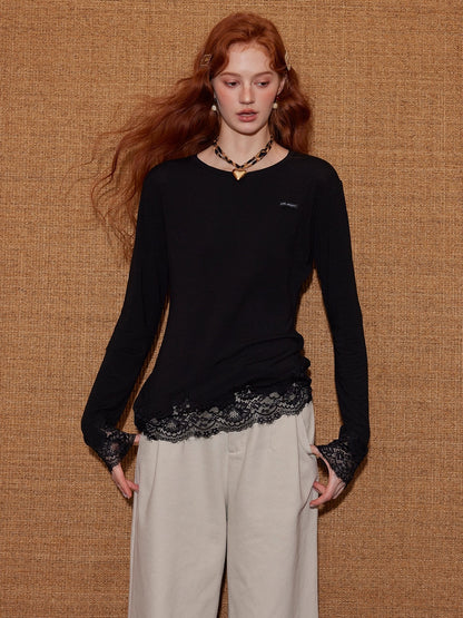 Lace-Paneled Round-Neck Long-Sleeve T-Shirt - CHINASQUAD
