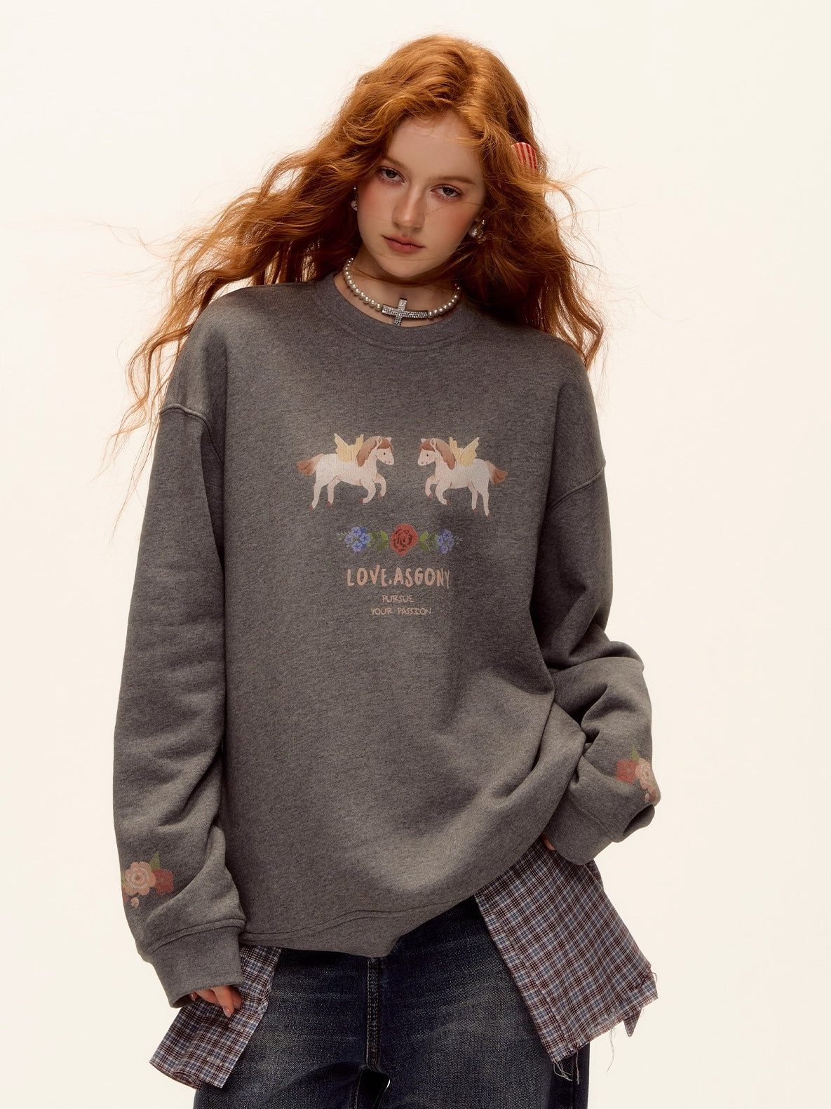 Floral Pony Print Fleece-Lined Pullover Sweatshirt