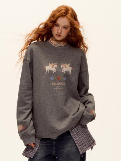 Floral Pony Print Fleece-Lined Pullover Sweatshirt