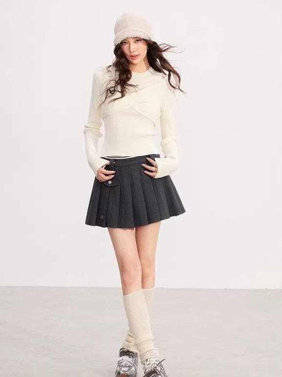 Bow Cable-Knit Vest Long-Sleeve Two-Piece Set