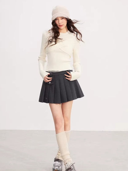 Bow Cable-Knit Vest Long-Sleeve Two-Piece Set