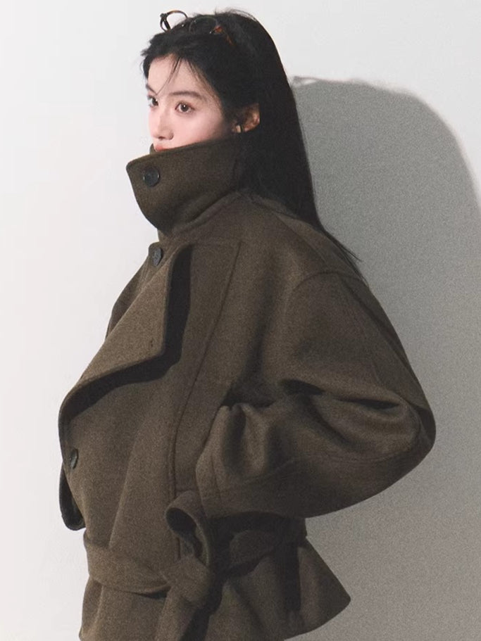 Waist-Defining Silhouette Stand-Collar Wool Coat