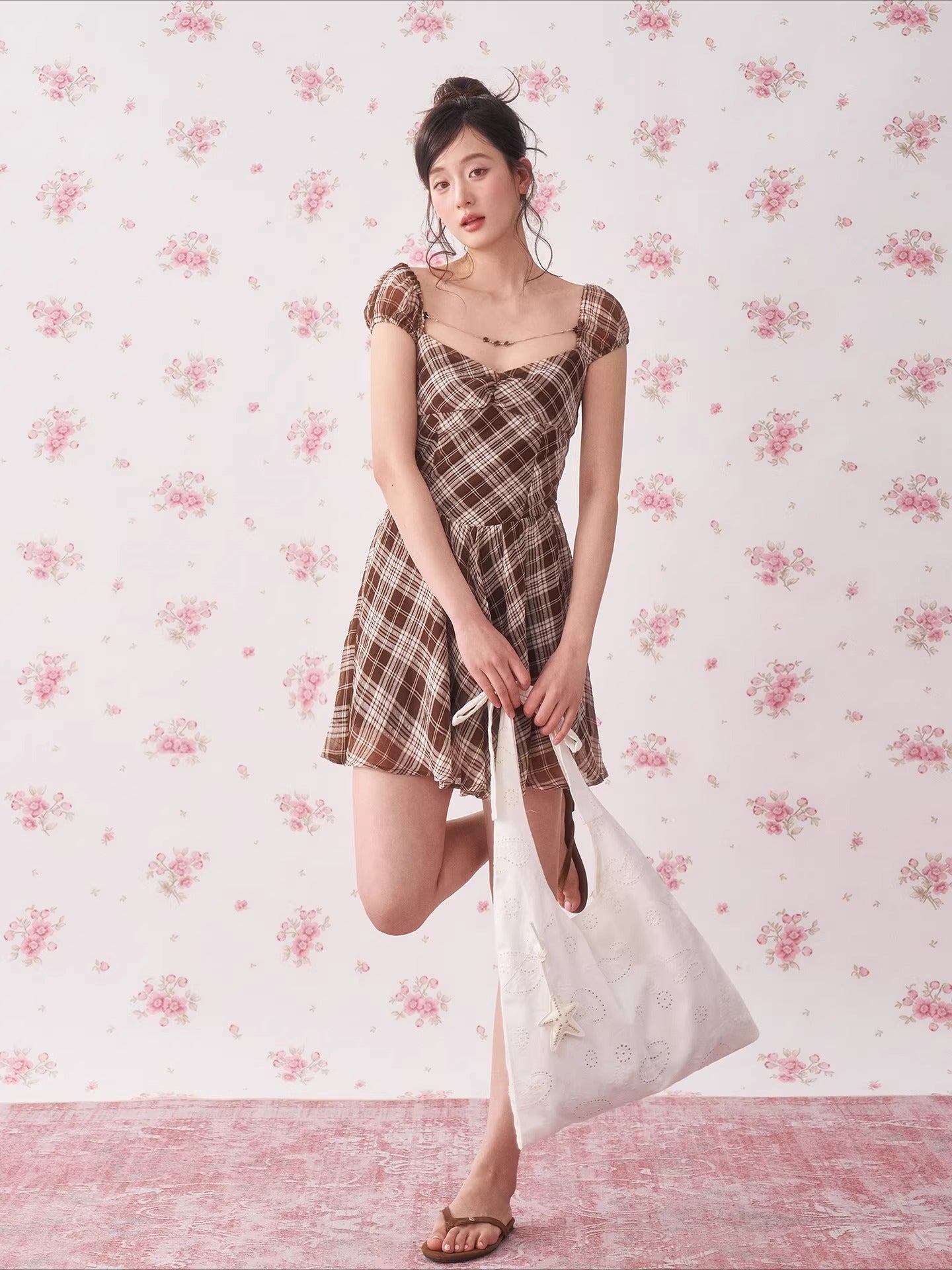 Vintage Plaid Puff Sleeve A-Line Mini Dress
