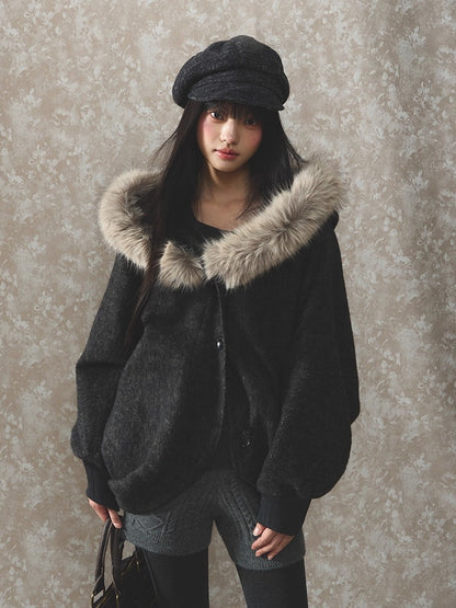 Fur Collar Wool-Blend Batwing Cape