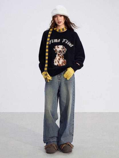 Cartoon Puppy Plush Knit Sweater