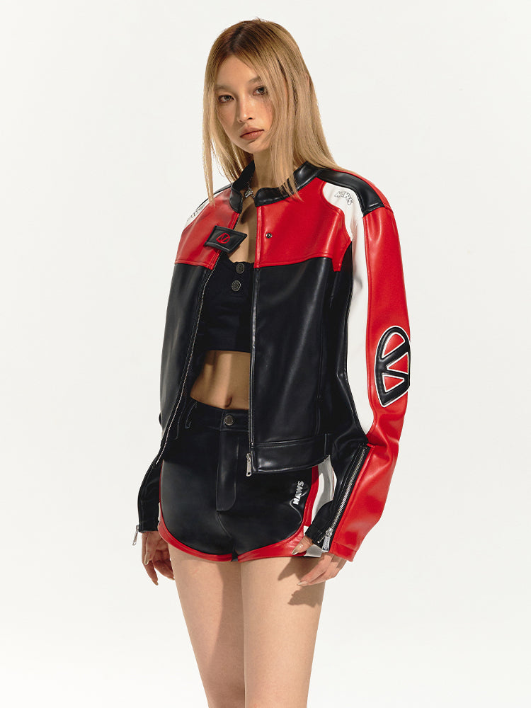 Embroidered Zip Short Contrast-Color Moto Jacket