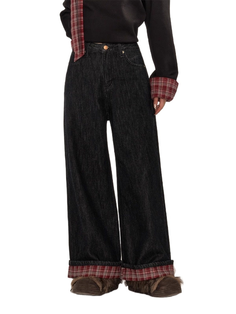 Vintage Plaid-Cuffed Wide-Leg Jeans