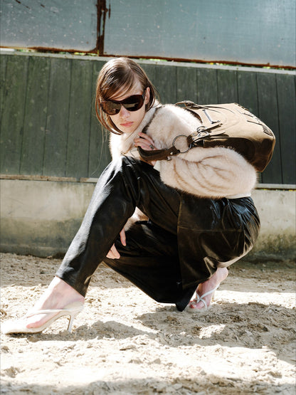 Metal-Buckle Stand Collar Faux Fur Coat