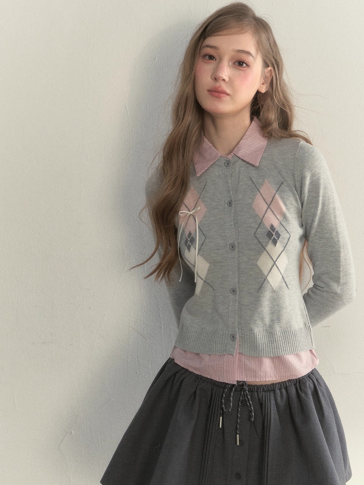 Layered Argyle Shirt Collar Knit Cardigan