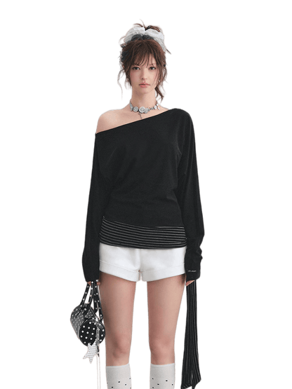 Asymmetric Batwing Sleeve Striped Tie-Hem Long Sleeve Top