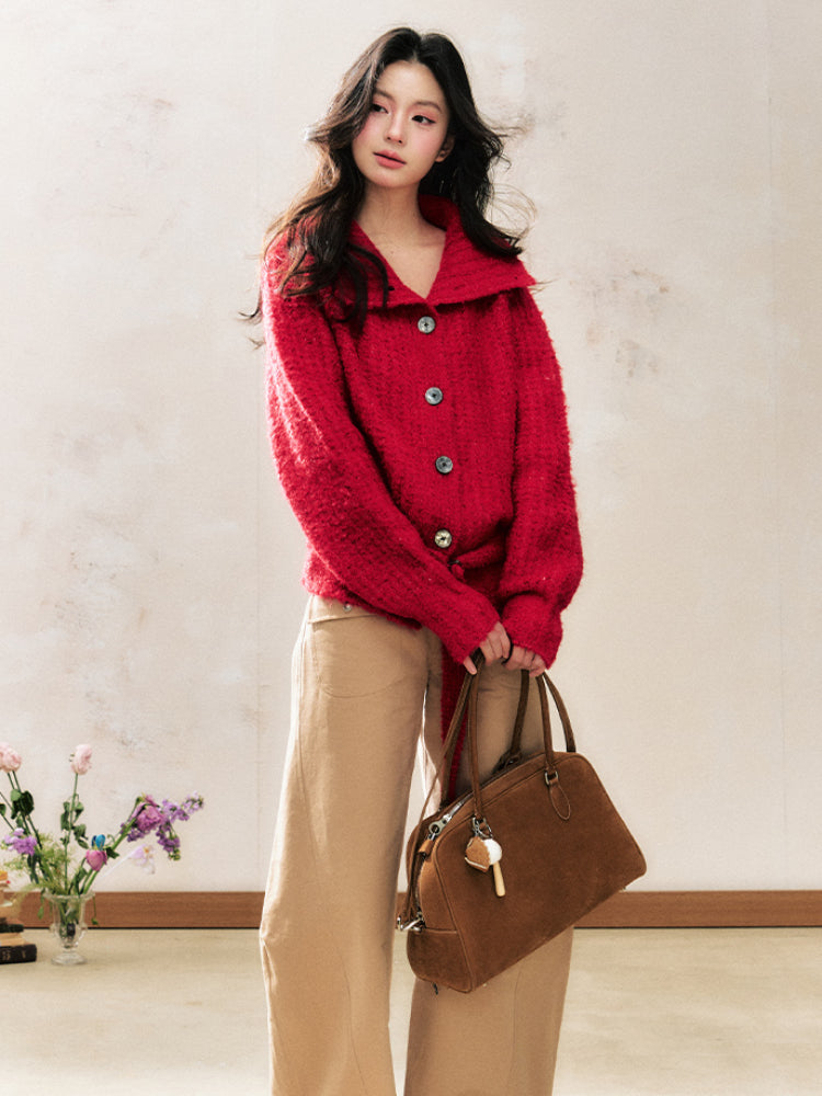 Two-Tone Design Collar Loose Top Cardigan Sweater