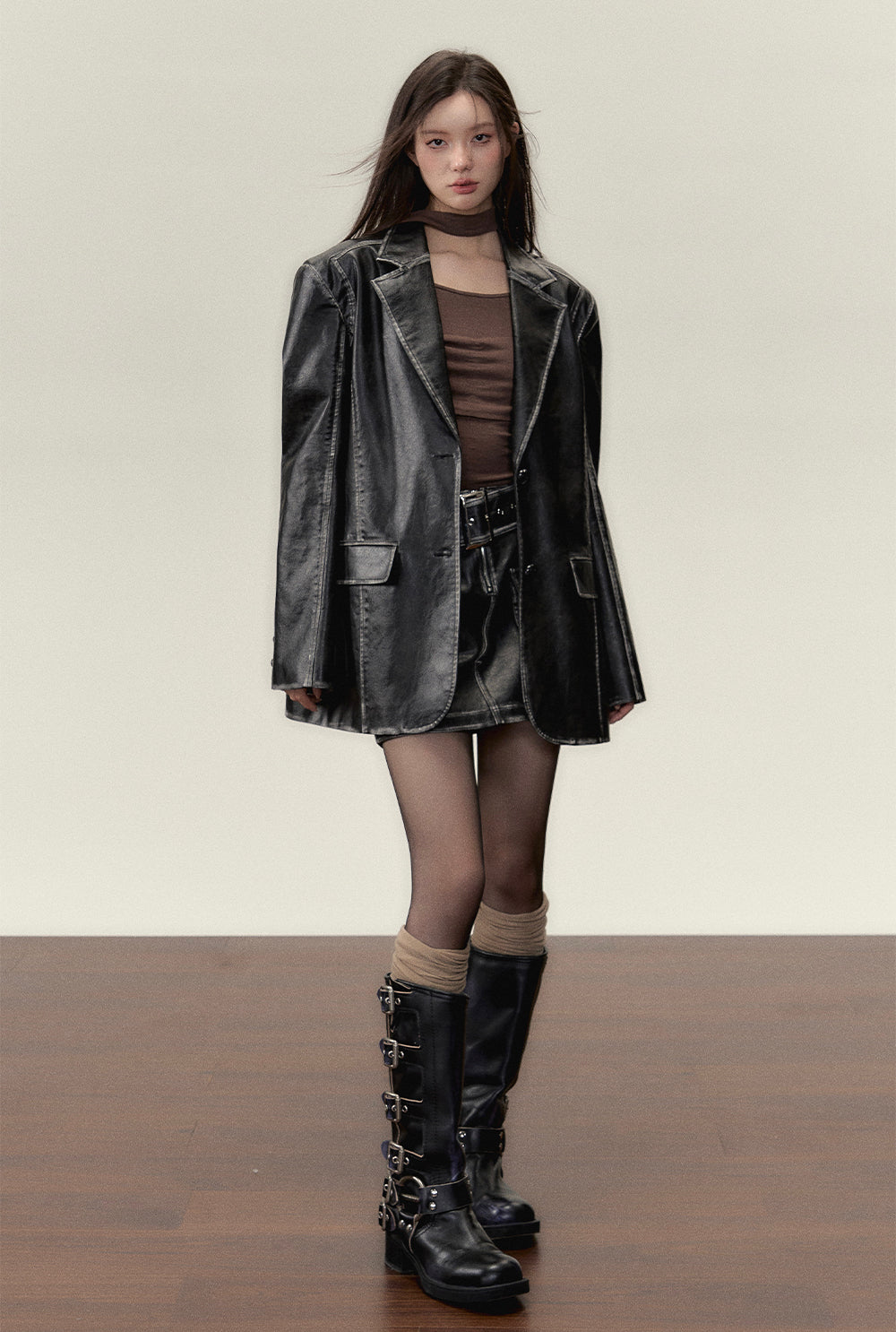 (Final Sale) Faux Leather Jacket &amp; Skirt Two-Piece Set - CHINASQUAD