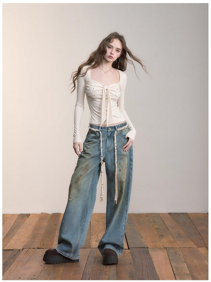 Heavy-Duty Distressed Wide-Leg Jeans - CHINASQUAD