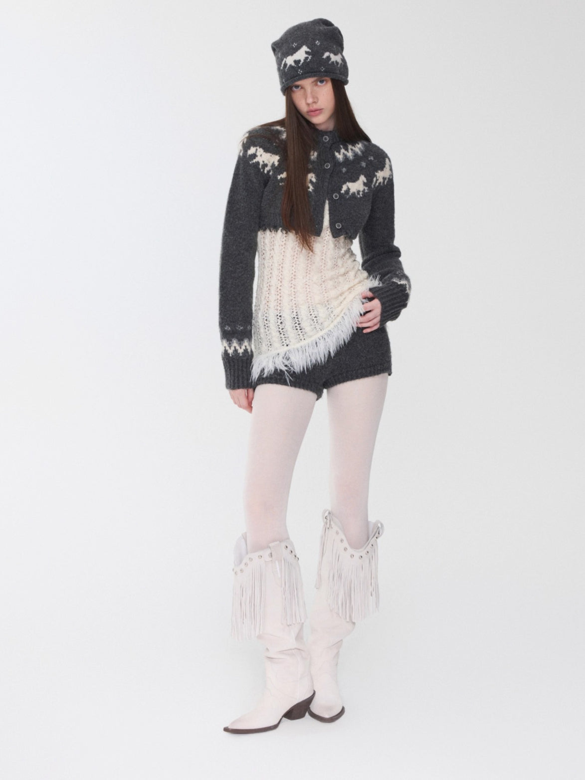Fair Isle Pony Jacquard Knit Short Cardigan &amp; Shorts Set