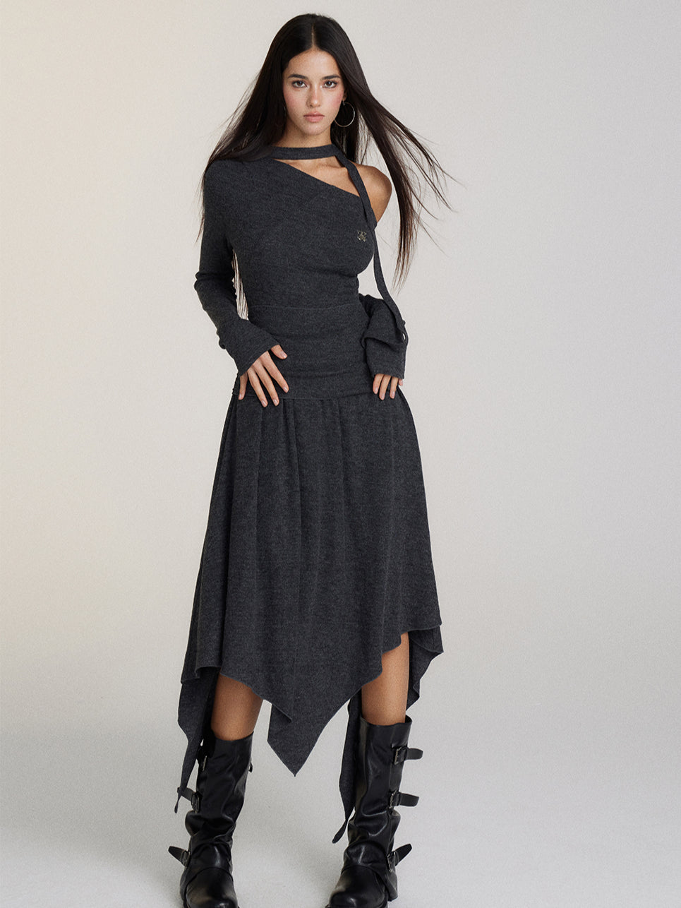 Waist-Cinched Irregular Hem Off-Shoulder Dress - CHINASQUAD