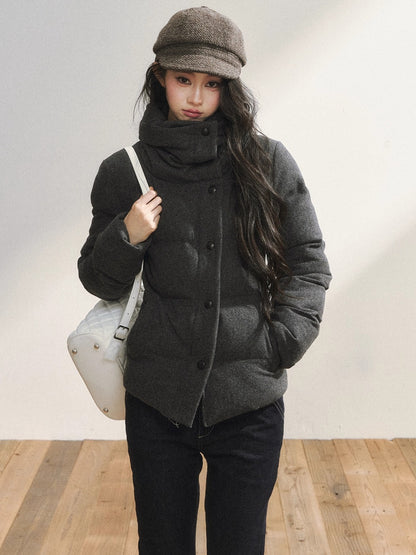 Gray Wool-Blend Quilted Short Puffer Jacket