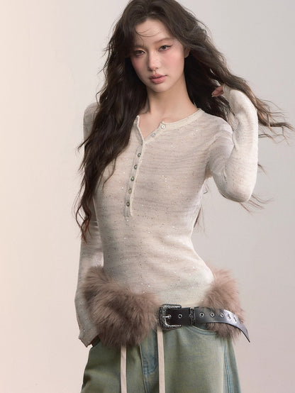 Sequin-Kissed Mélange Henley Knitwear