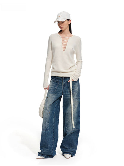 Wool Deep-V Textured Knit Sweater