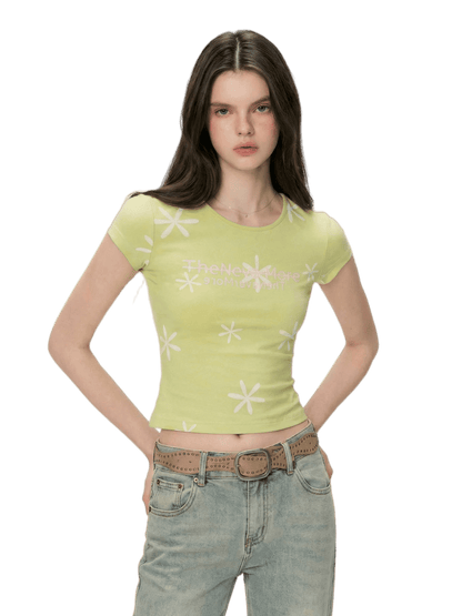 Vintage Contrast Floral Slim-Fit Cropped T-Shirt