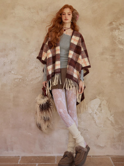 Vintage Plaid Fringe Shawl Scarf