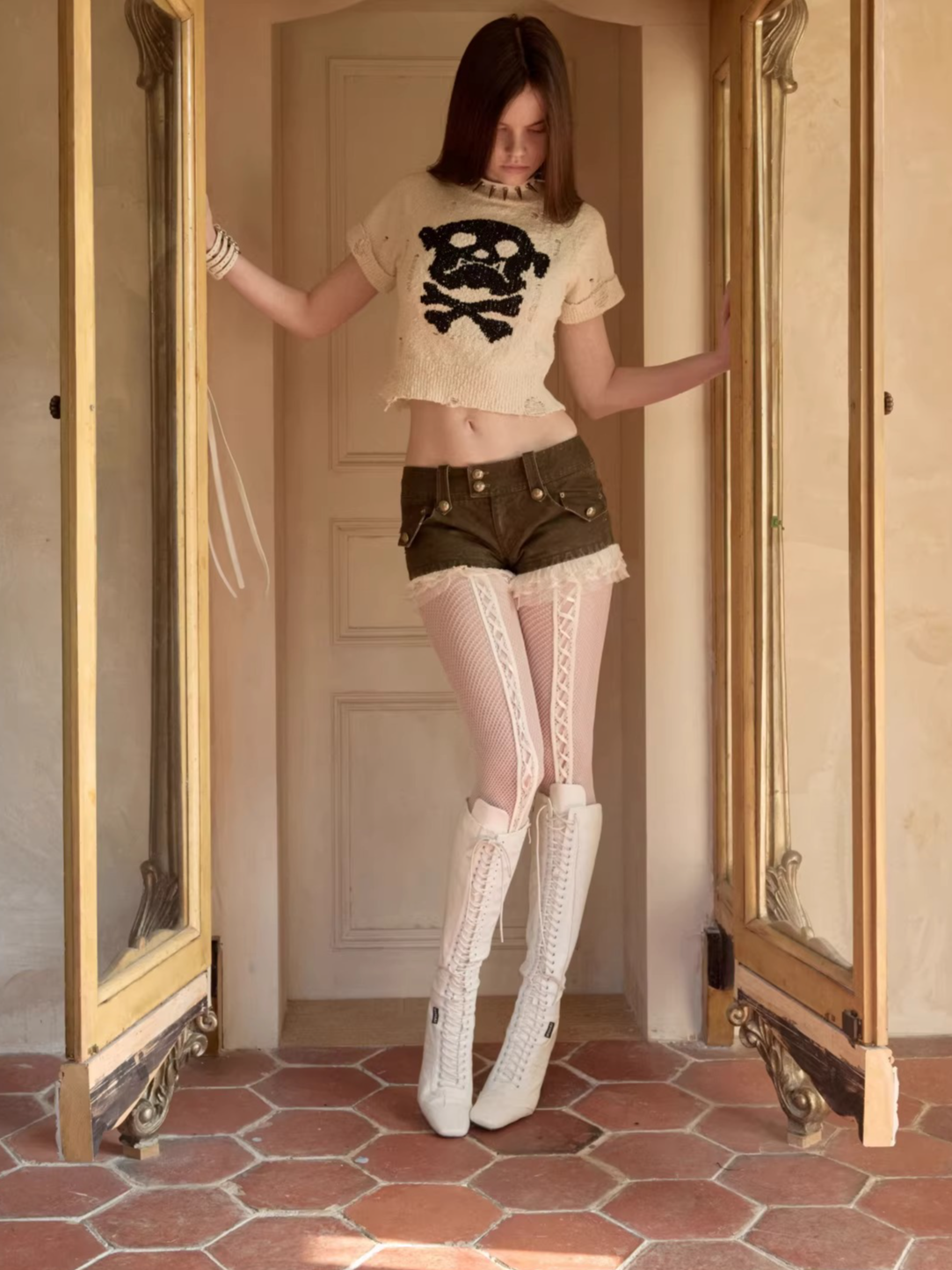 Skeleton Distressed Knit Short Sleeve Top