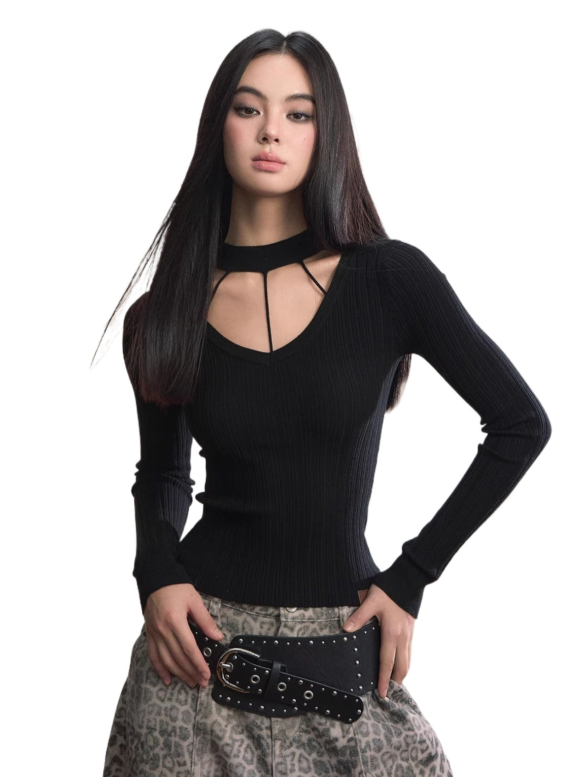 Choker Neck Slim-Fit Ribbed Knit Crewmeck