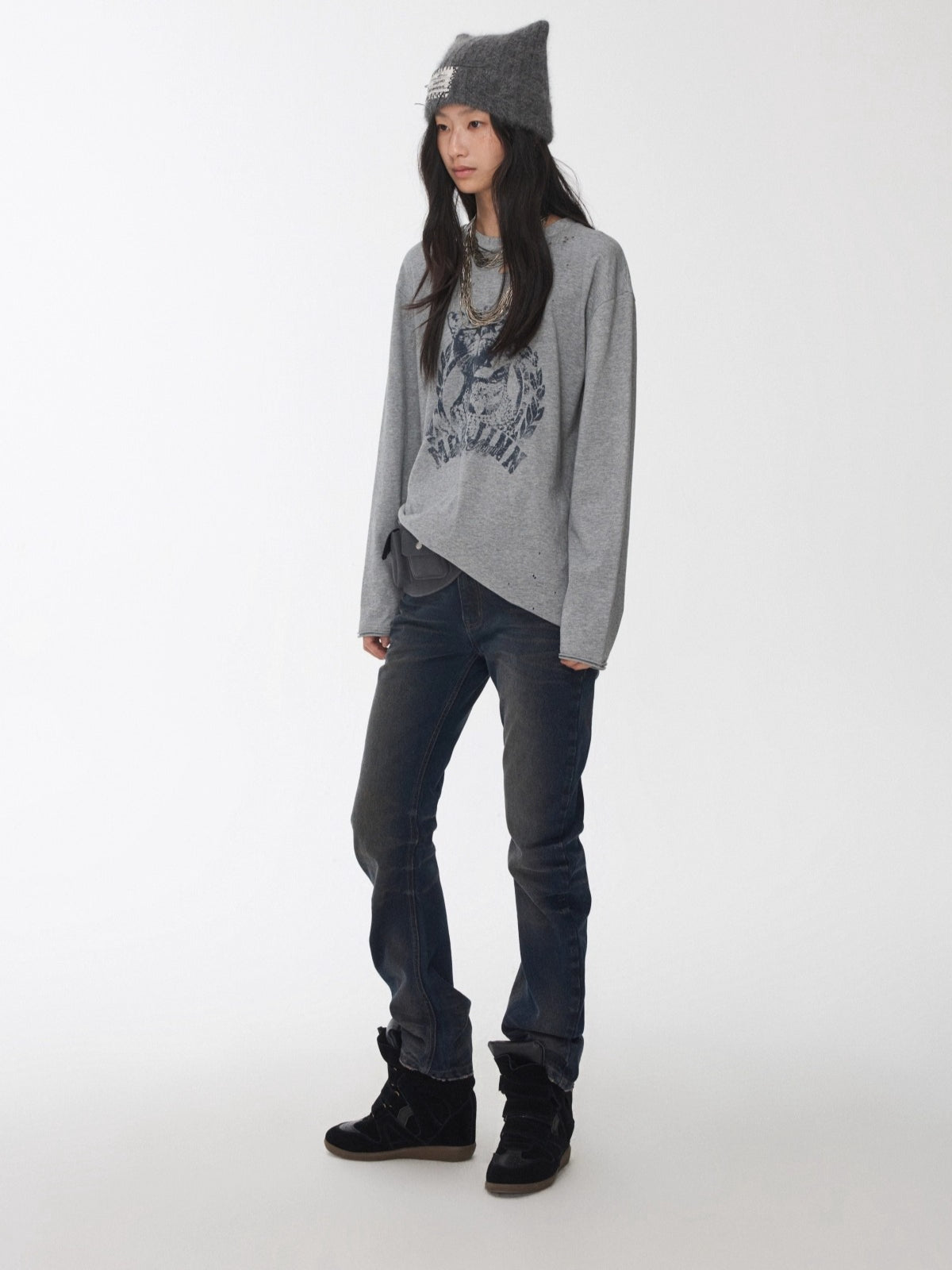 Vintage Cat &amp; Dog Print Distressed Long-Sleeve Tee