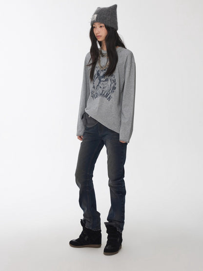 Vintage Cat &amp; Dog Print Distressed Long-Sleeve Tee