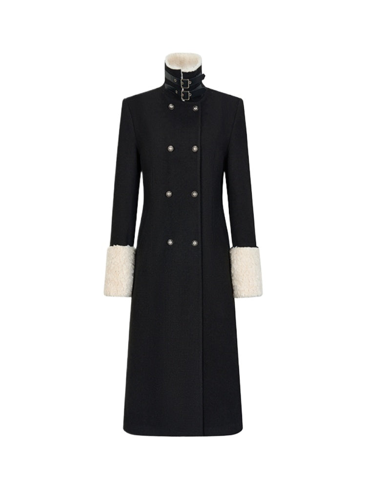 Wool Fleece Trim Long Coat