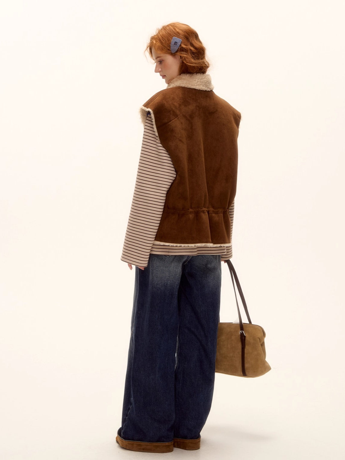 Suede-Panel Washed Denim Wide-Leg Jeans