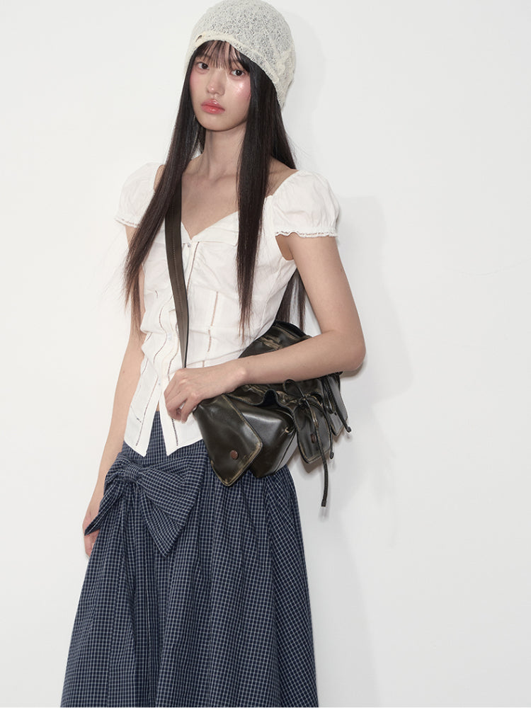 Lapel Waist-Cinching Lace Elastic Shirt - CHINASQUAD