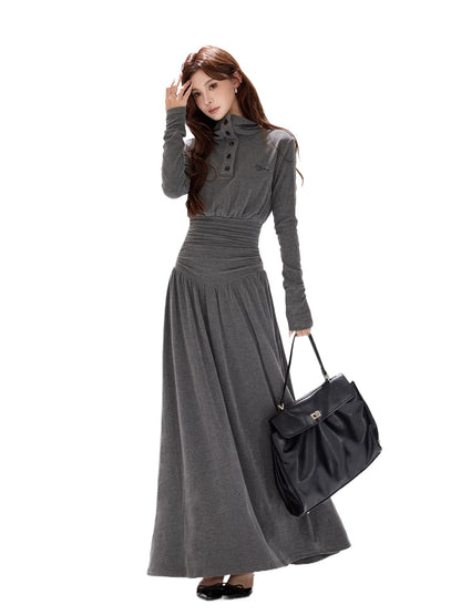 Pleated Waist-Defining A-Line Maxi Dress