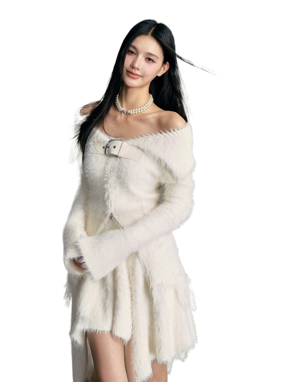 Apricot Off-Shoulder Shawl Cardigan &amp; Knitted skirt set