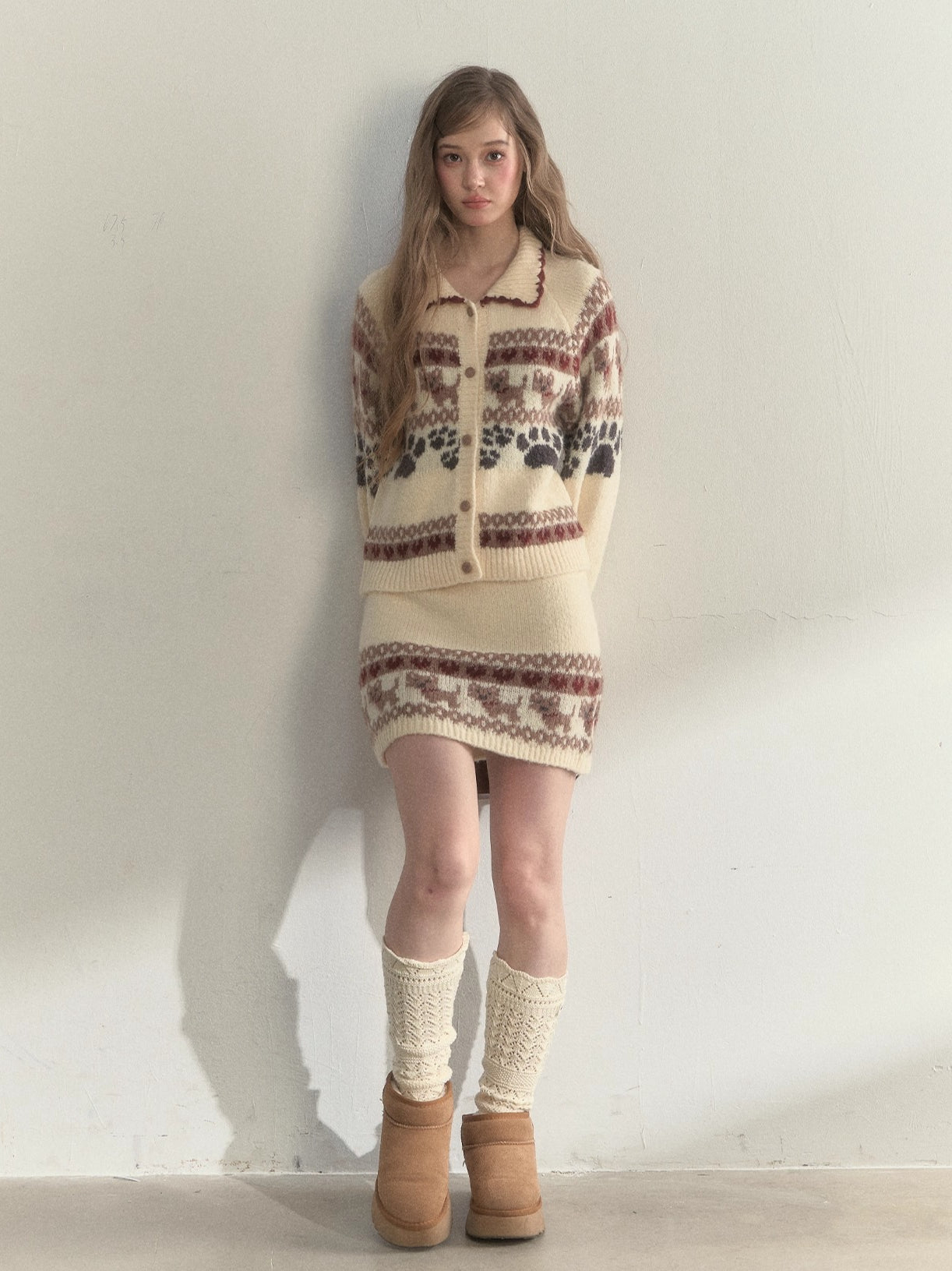 “Puppy Fair Isle” Vintage Knit Cardigan &amp; Skirt Set