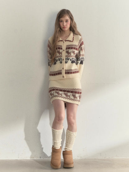 “Puppy Fair Isle” Vintage Knit Cardigan &amp; Skirt Set
