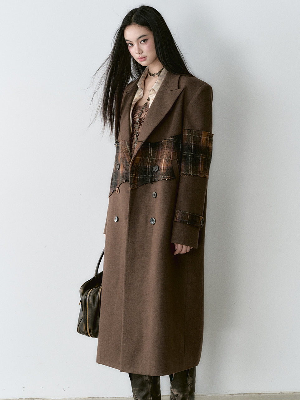 Wool Blend Plaid Patchwork French Coat