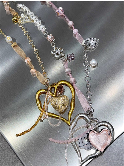 Handmade Ribbon &amp; Bead Heart Charm Necklace