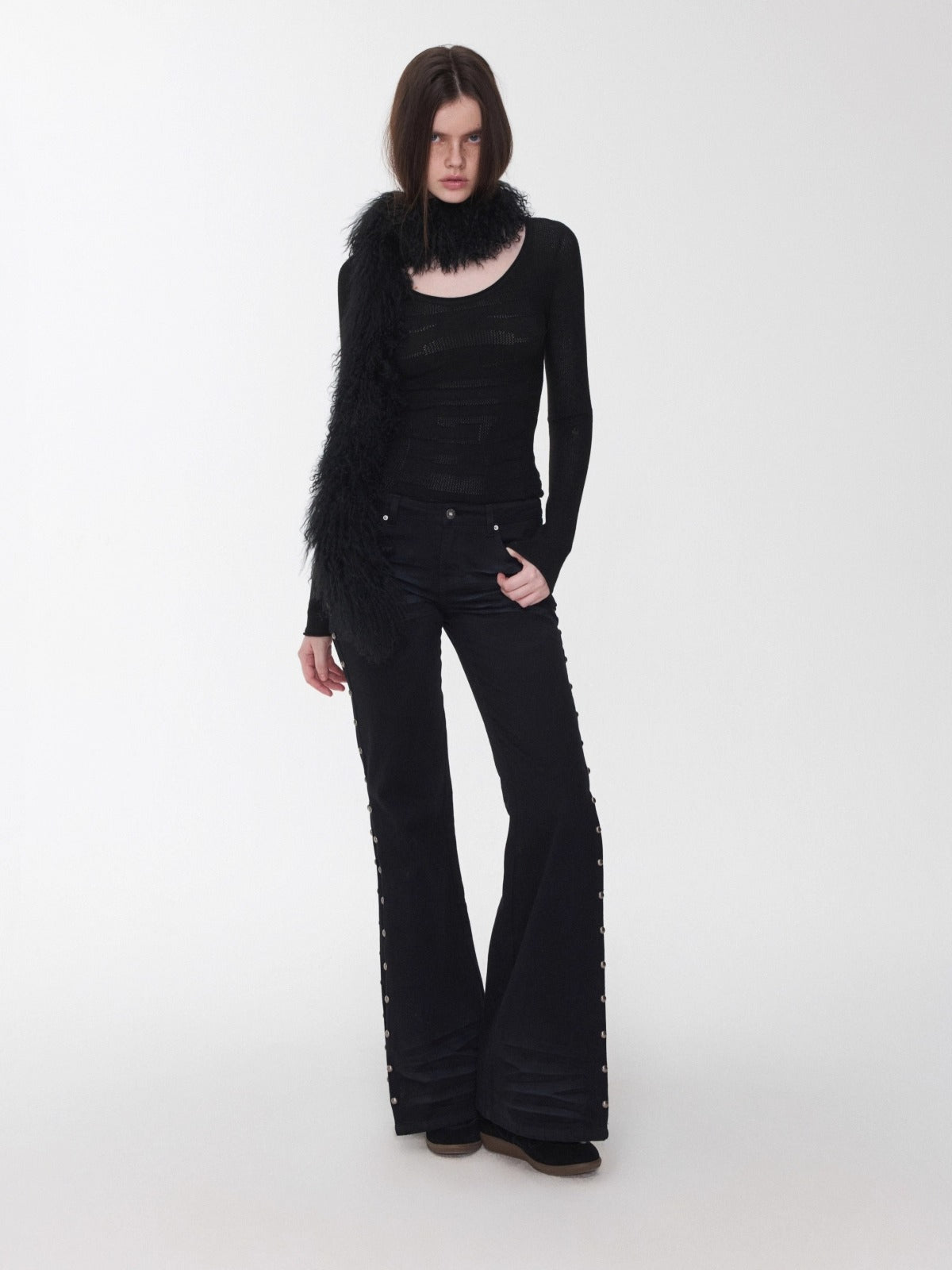 Studded Cat-Whisker Flared Denim Pants